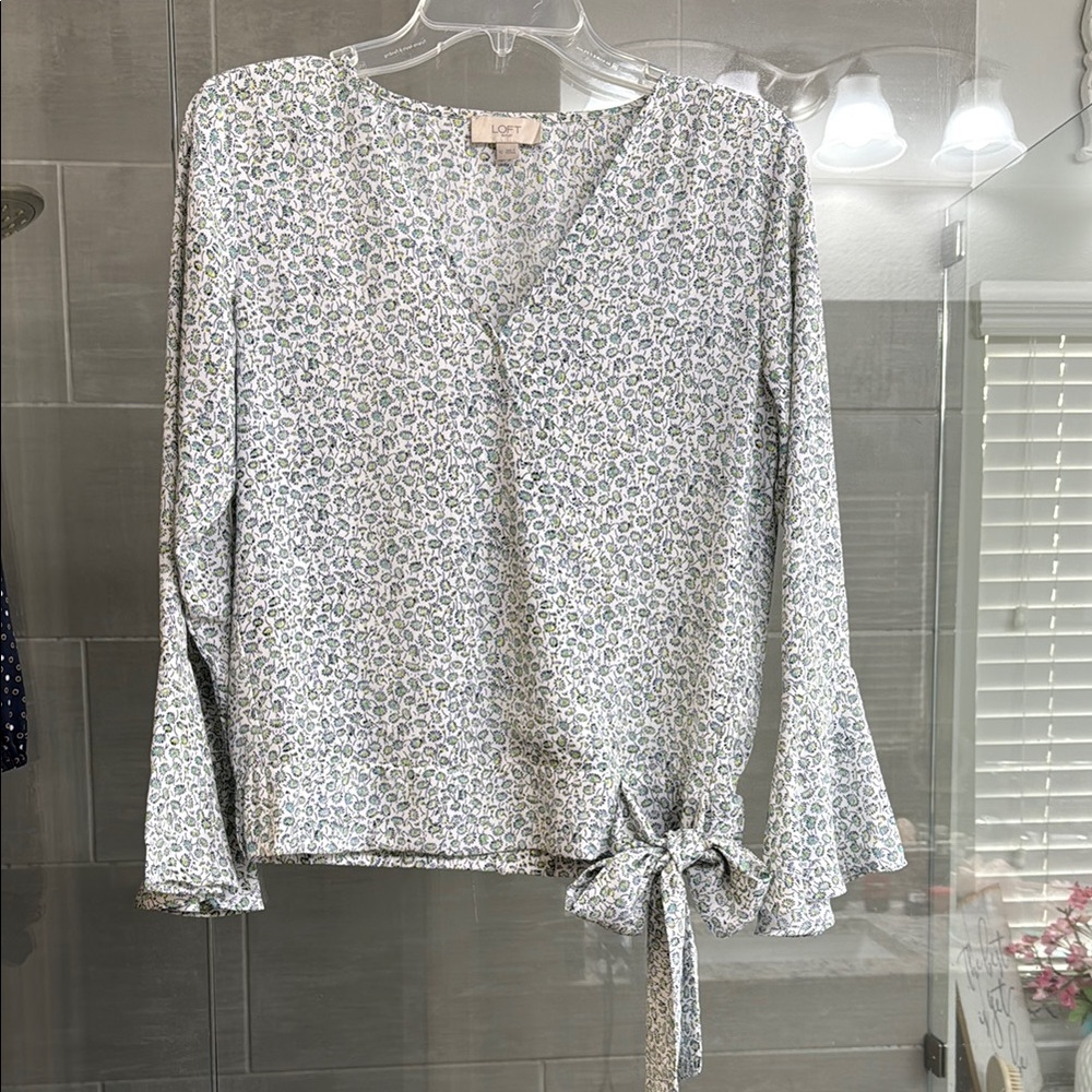 LOFT White and Black Long Sleeve Wrap Blouse